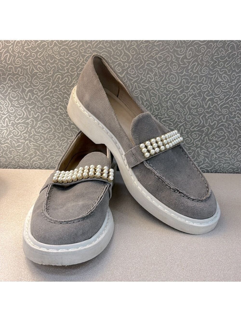 CECELIA NEW YORK Rita Gray Suede Loafers with Pearl Detail - Size 10